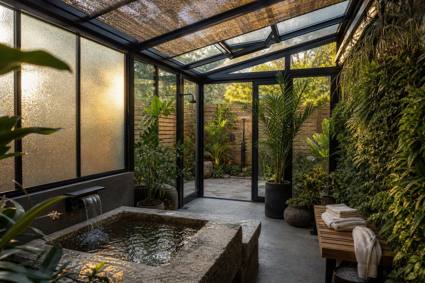 private spa garden sunroom with water feature, privacy glass, plants, and roof vent