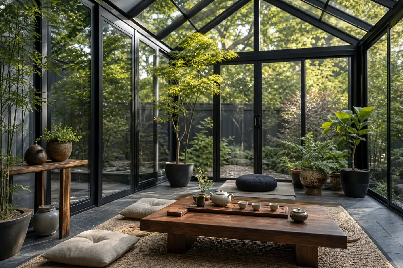 tea and meditation sunroom with low table, plants, and black aluminum glass frame