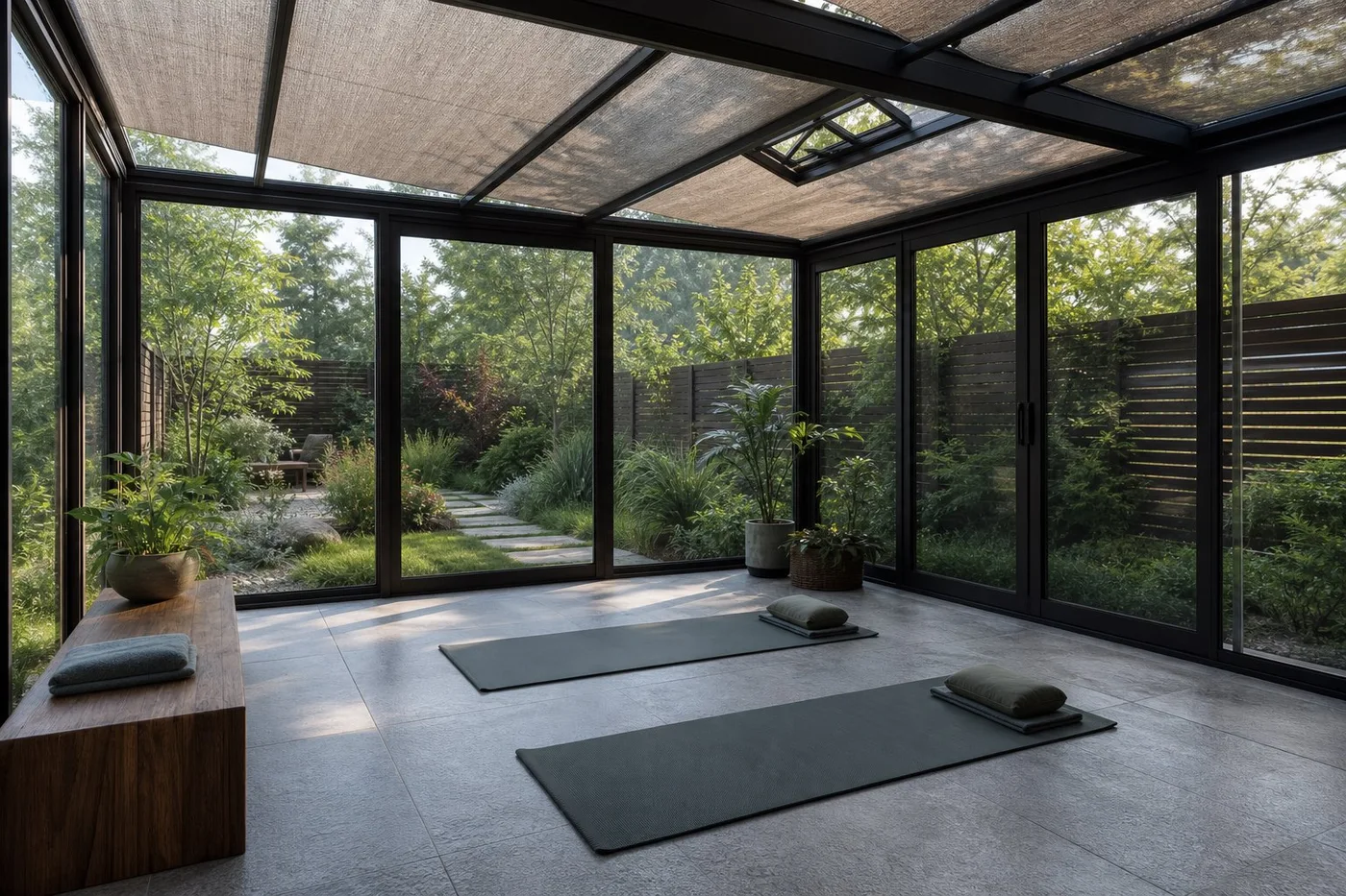yoga recovery sunroom with roof vent, shade system, and open floor space