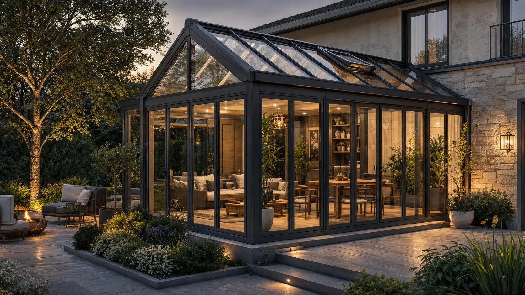 aluminum glass sunroom structure with laminated glass roof and strong light patterns