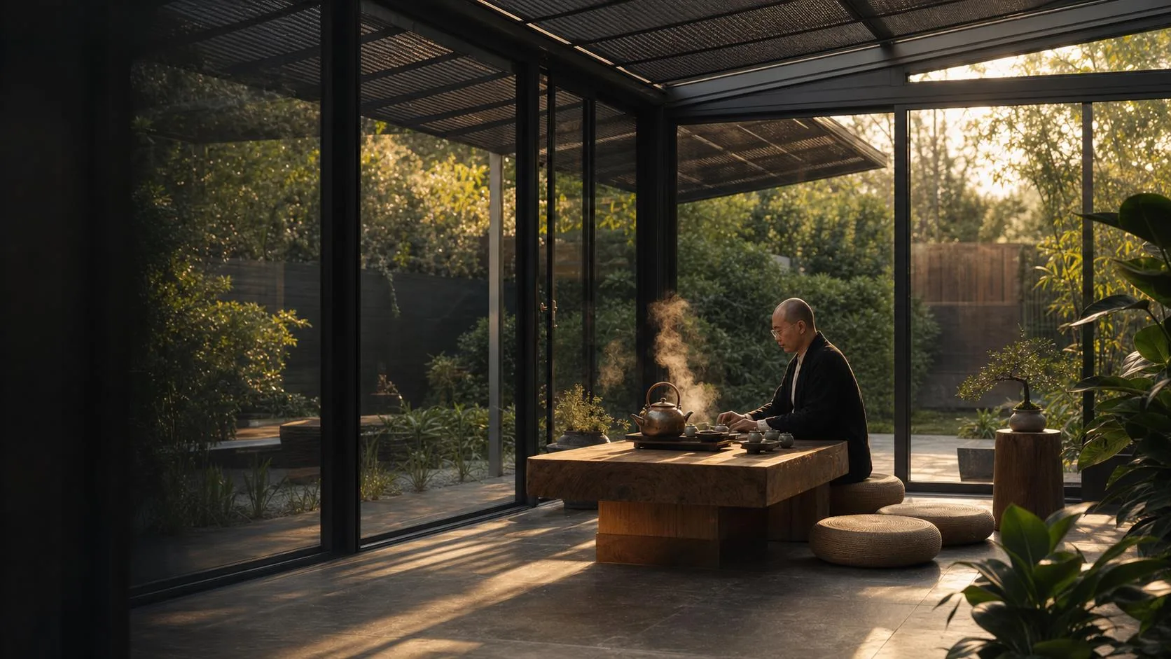zen room sunroom with meditation tea table and filtered garden light
