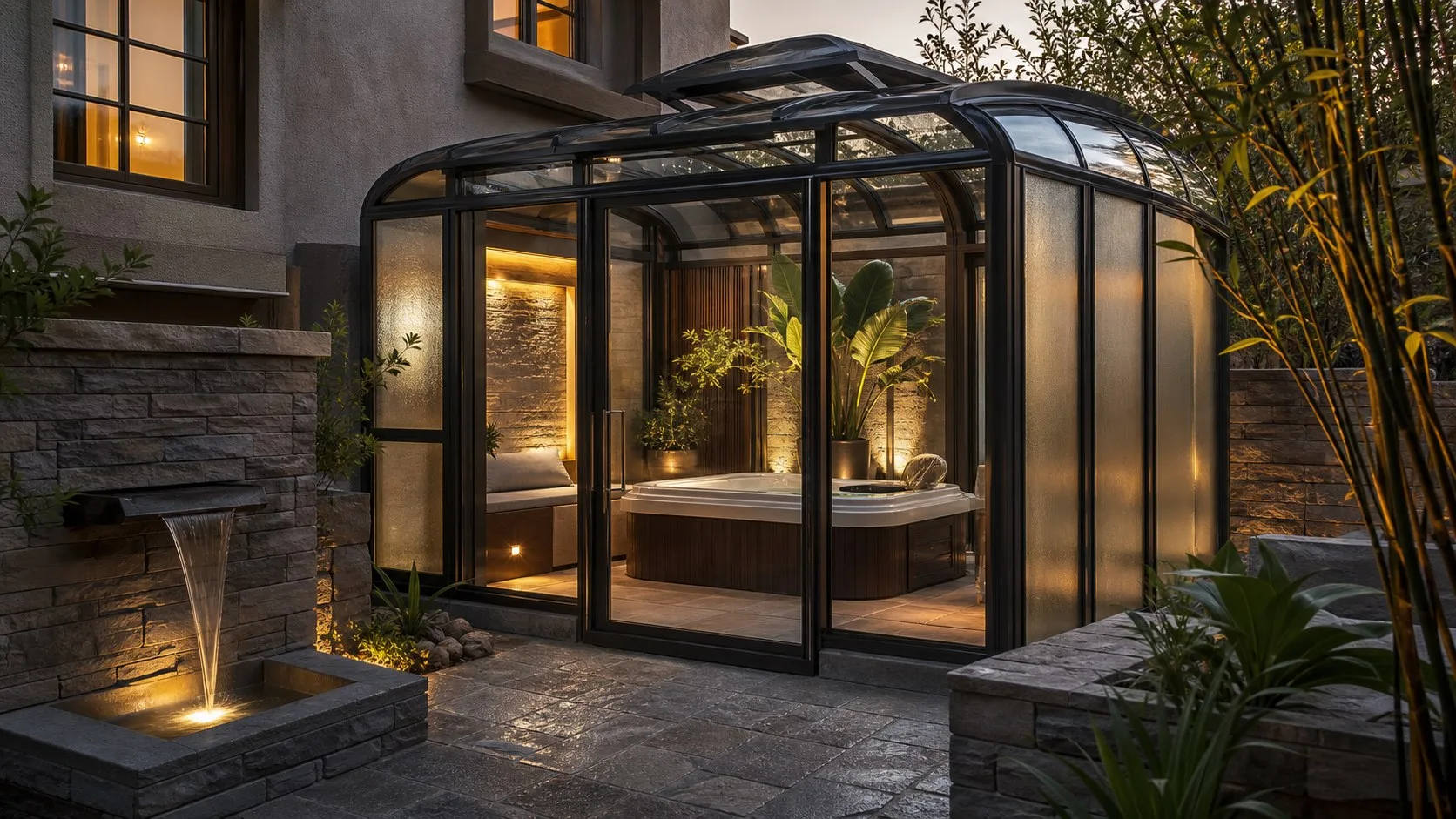 spa sunroom with warm lighting glass walls and water feature