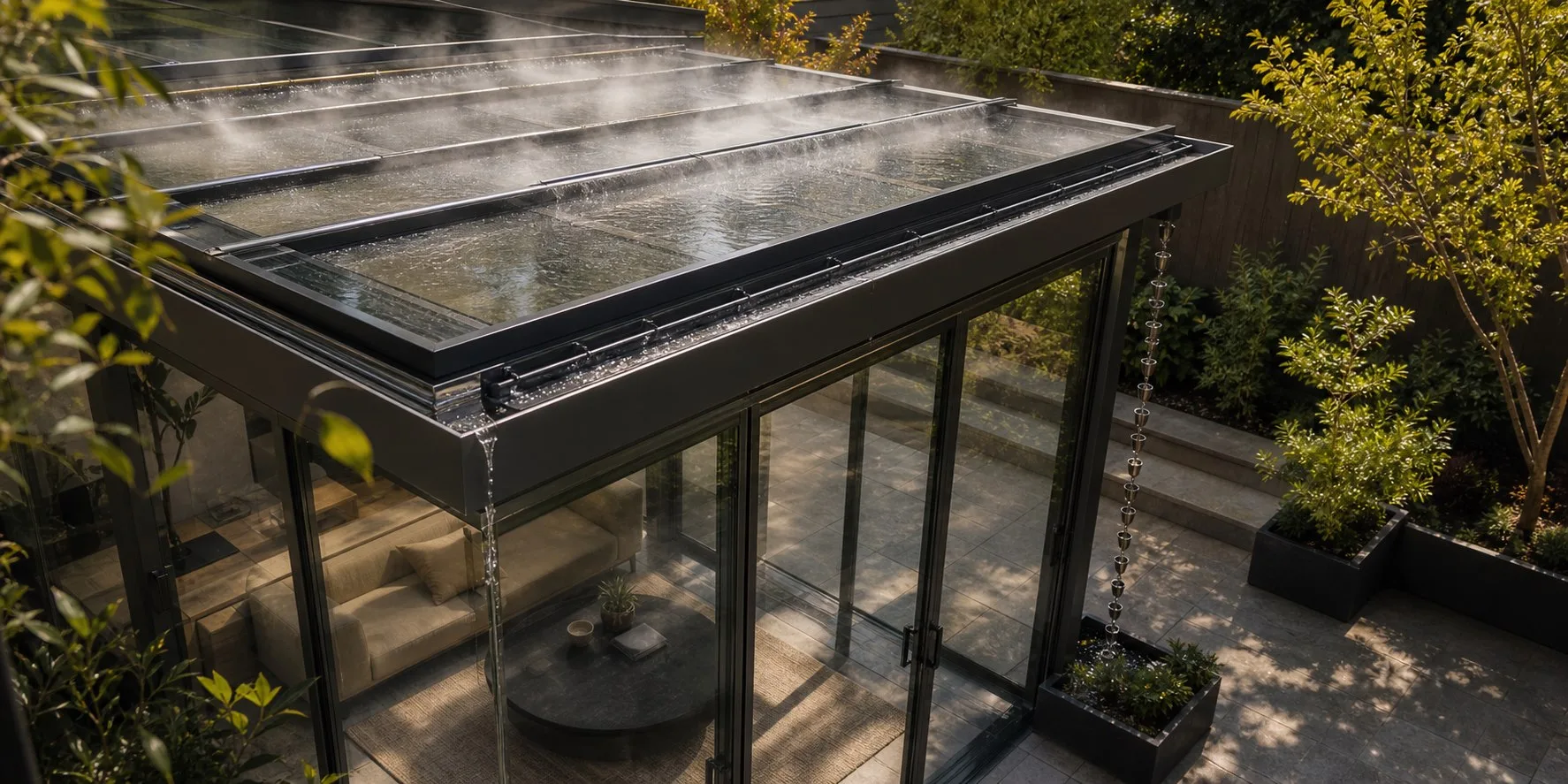 fine water spray cooling a glass sunroom roof with rain chain return