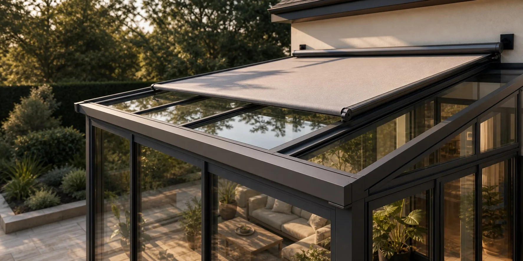 motorized exterior shade extended over a glass sunroom roof