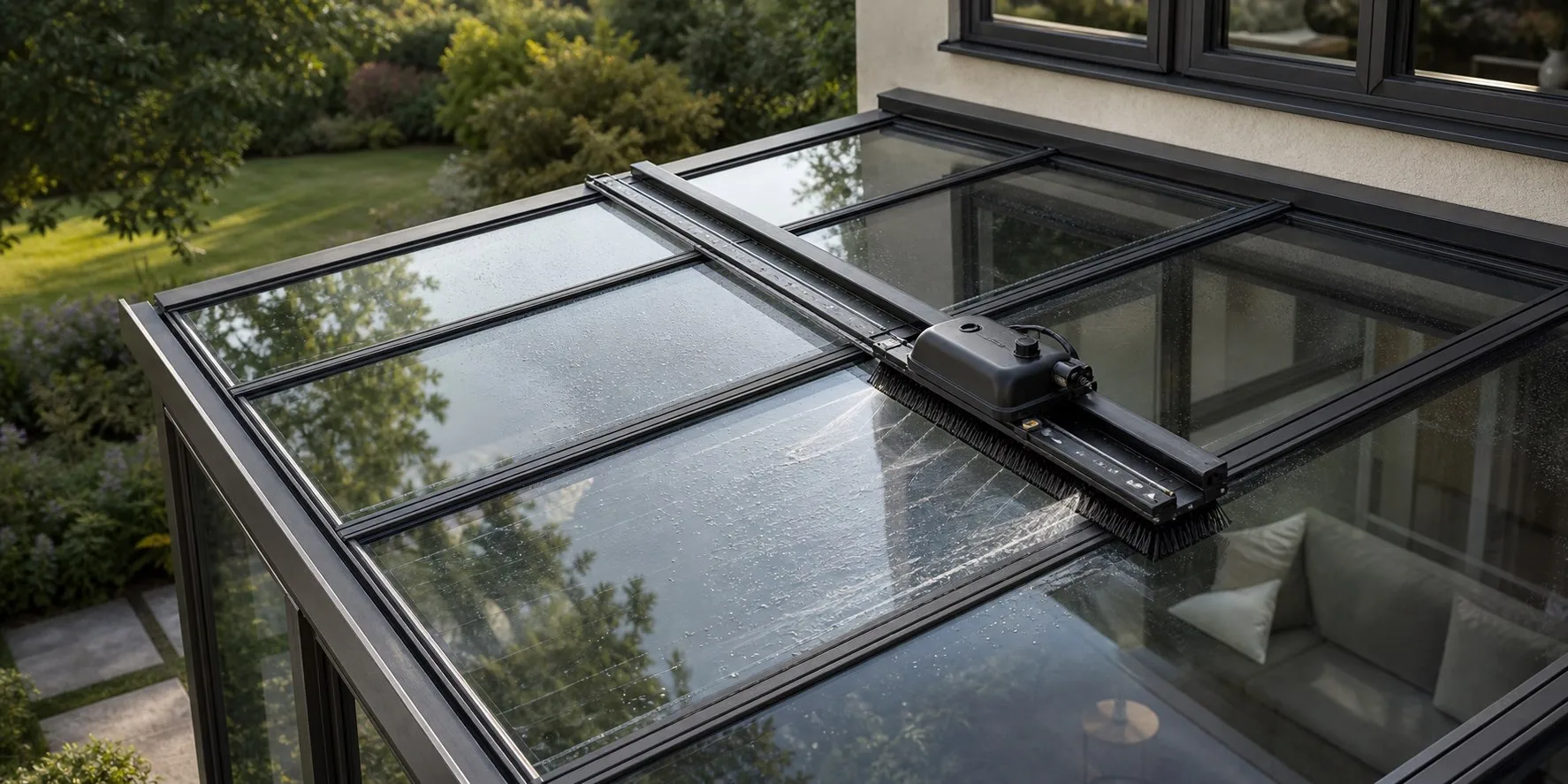 automated cleaning device washing a glass sunroom roof