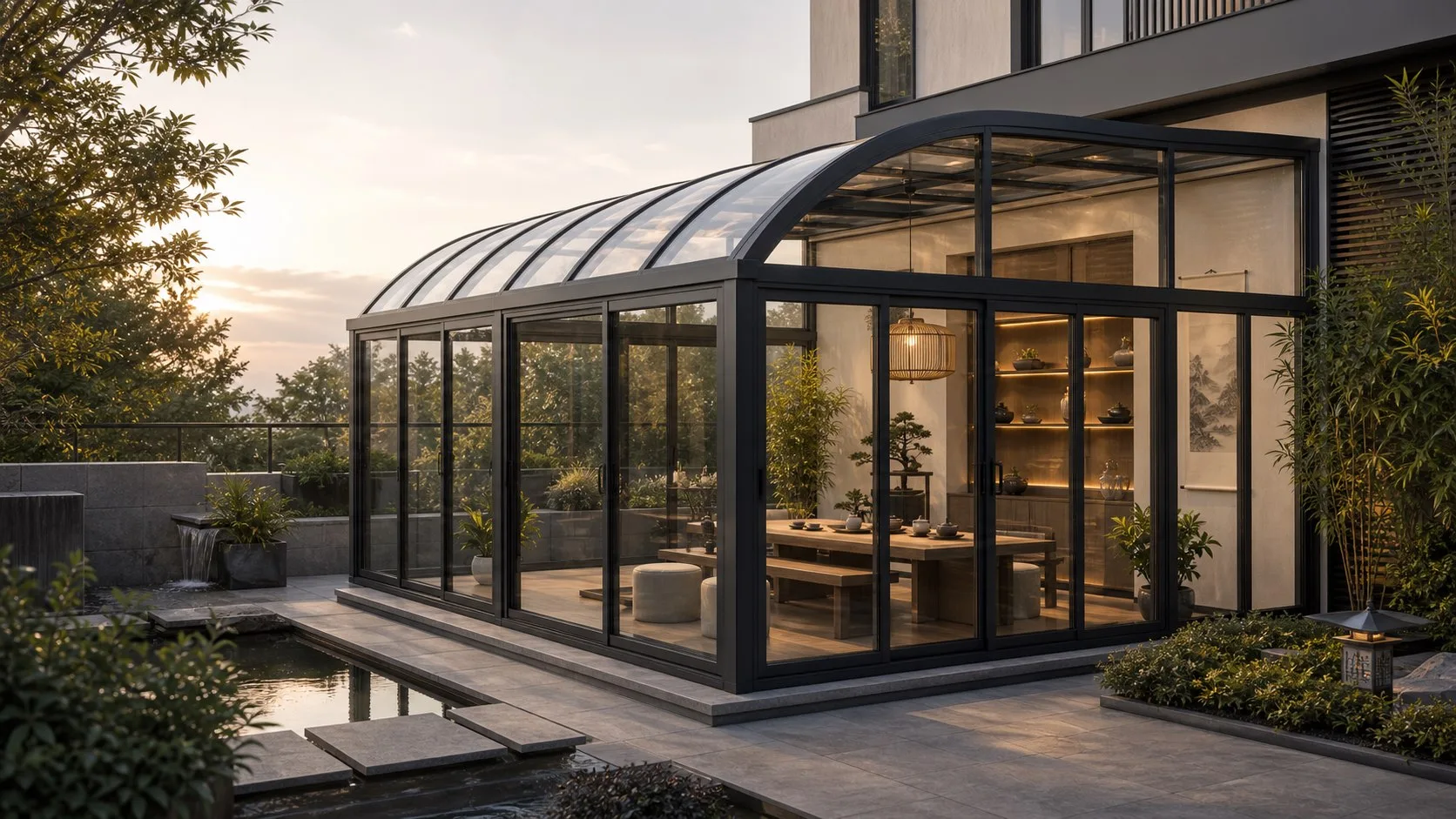 curved roof aluminum glass sunroom beside a garden