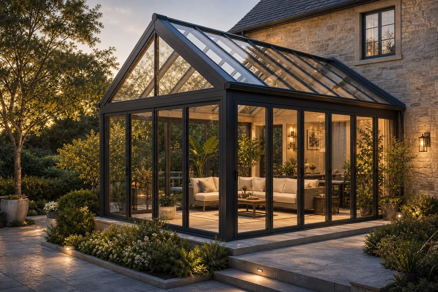 gable roof aluminum glass sunroom with warm interior light