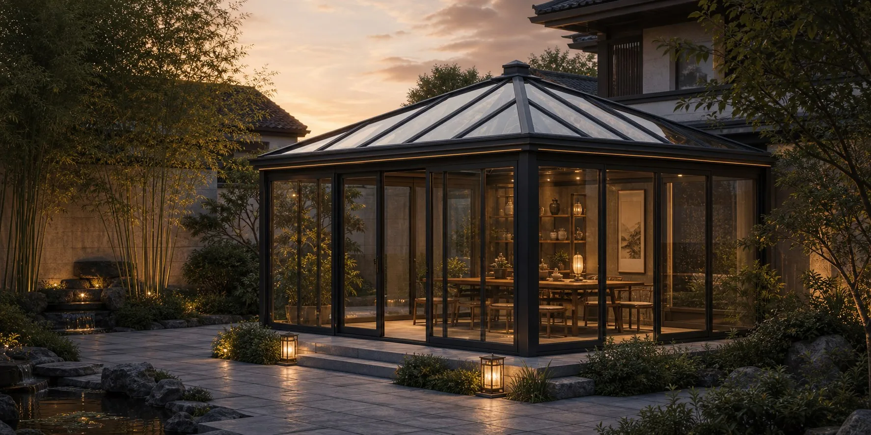 hip roof glass sunroom pavilion in a garden courtyard