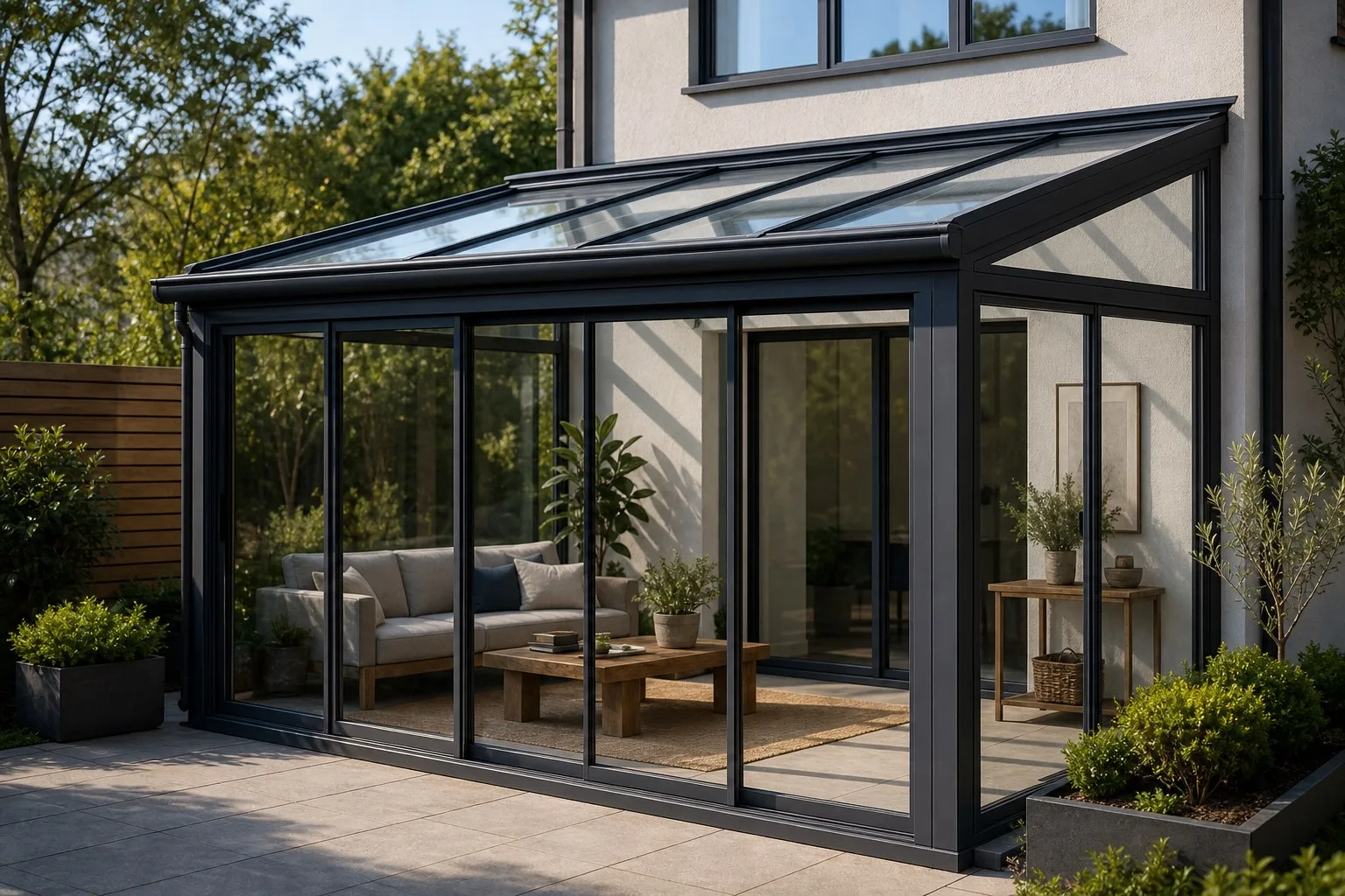 lean-to glass roof sunroom attached to a modern home