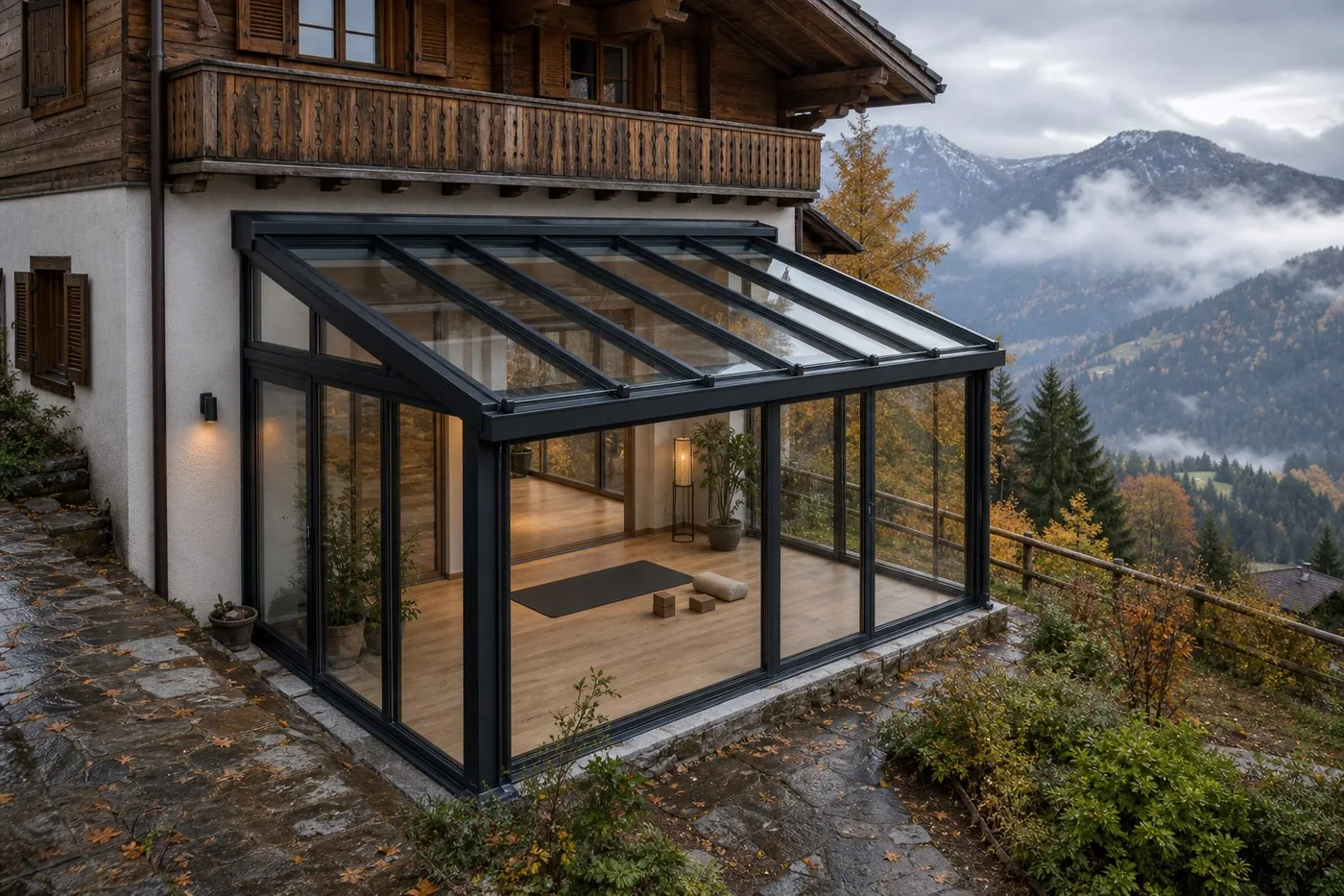 Alpine chalet glass-roof stretching room in autumn mist