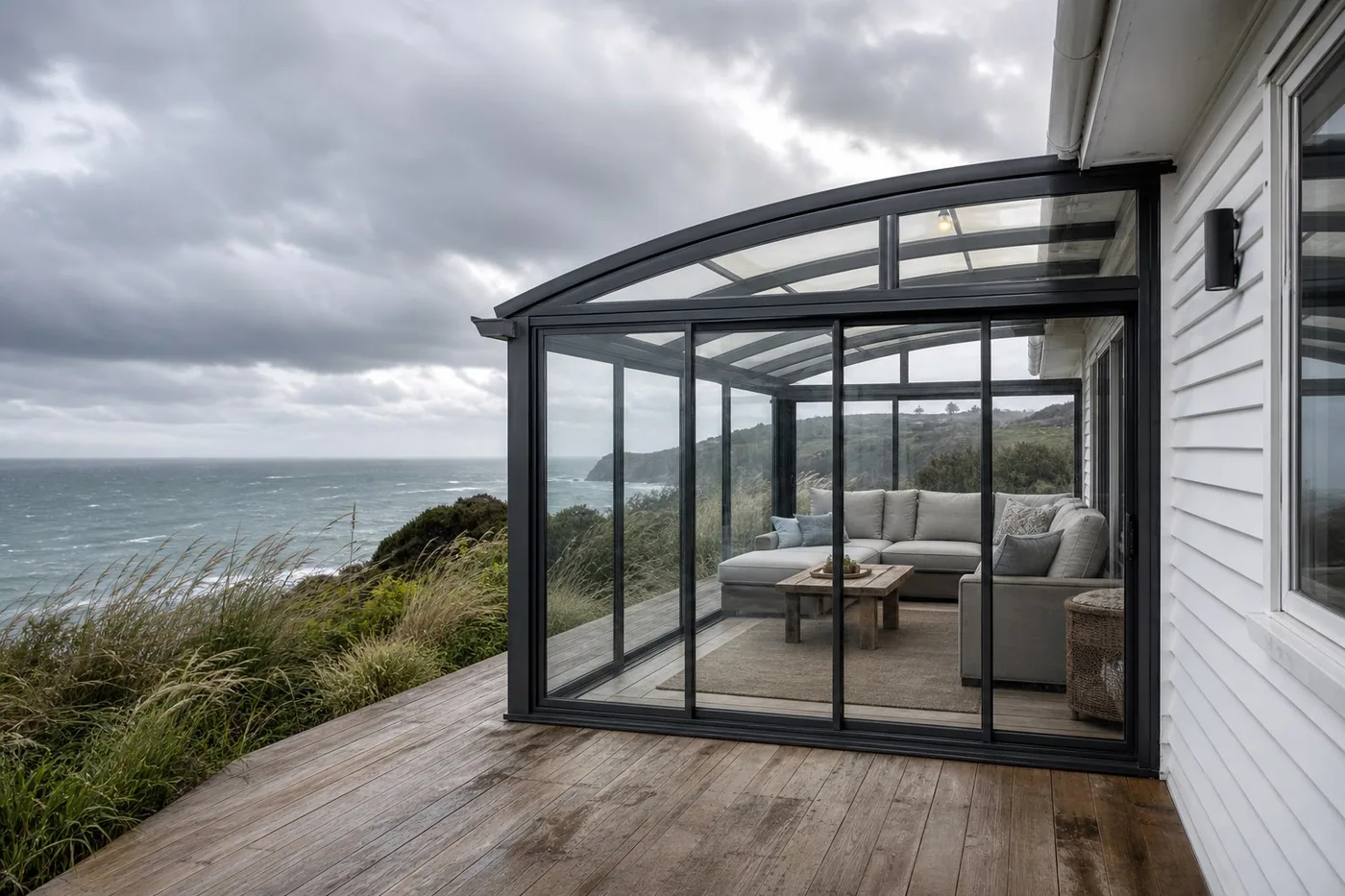 Coastal curved roof sunroom on a windy ocean-facing deck