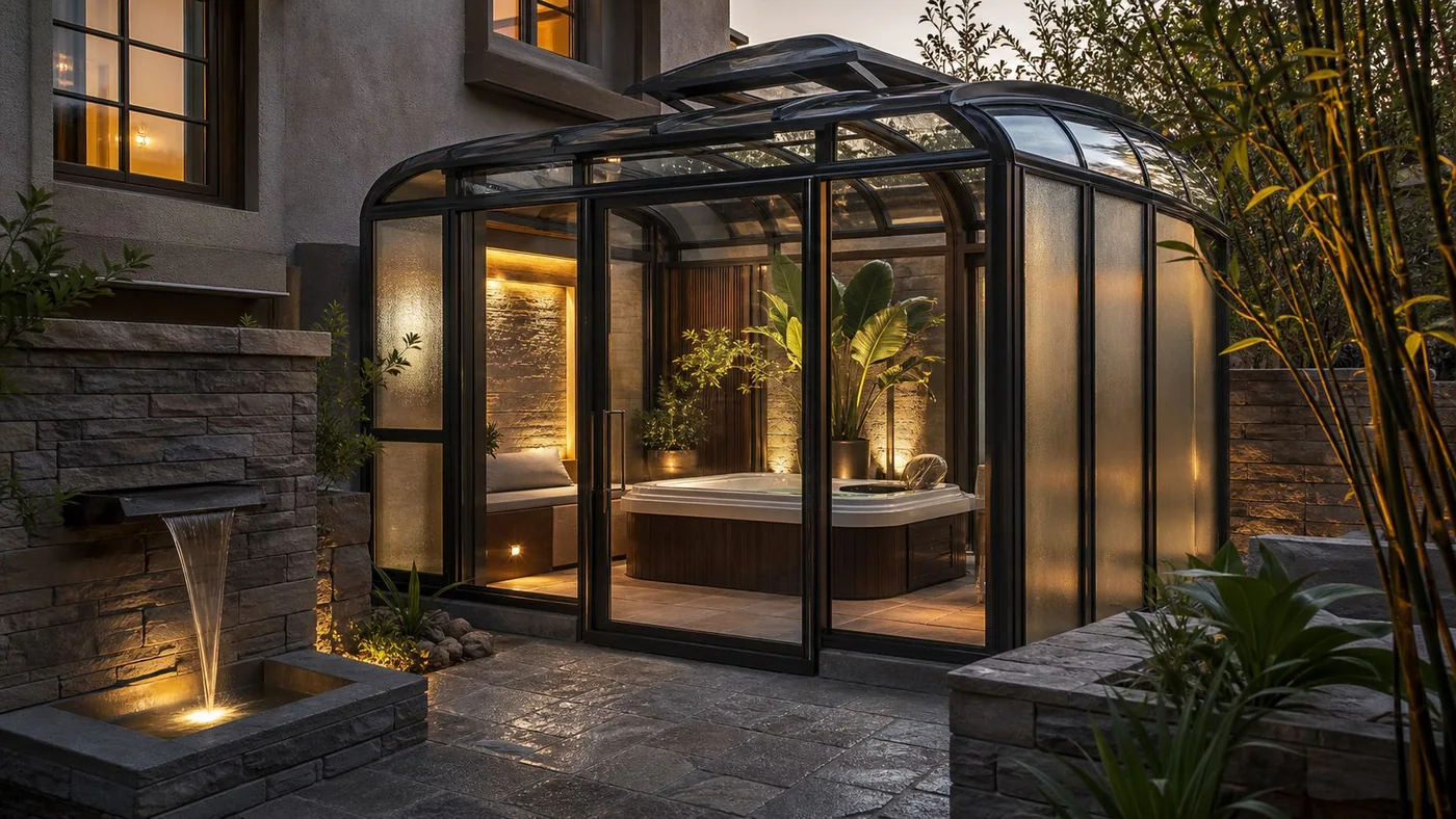 Private courtyard spa sunroom with curved glass roof and warm light