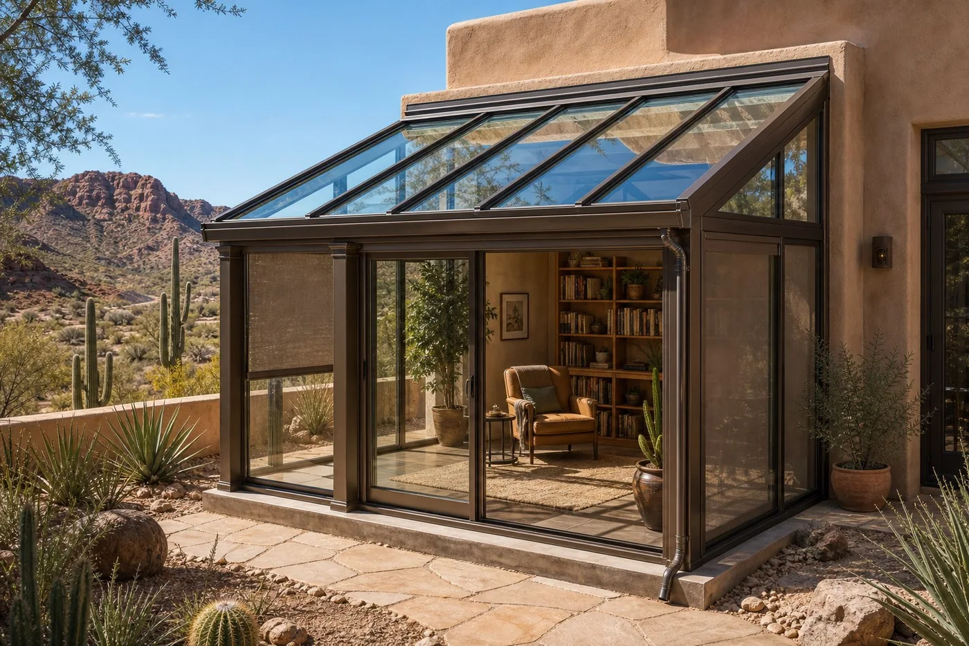Desert reading room sunroom with transparent glass roof and side shade screens