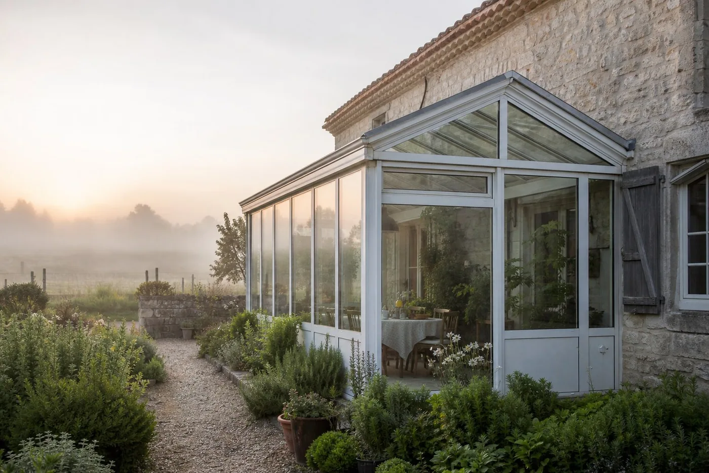French stone farmhouse conservatory breakfast room in morning fog