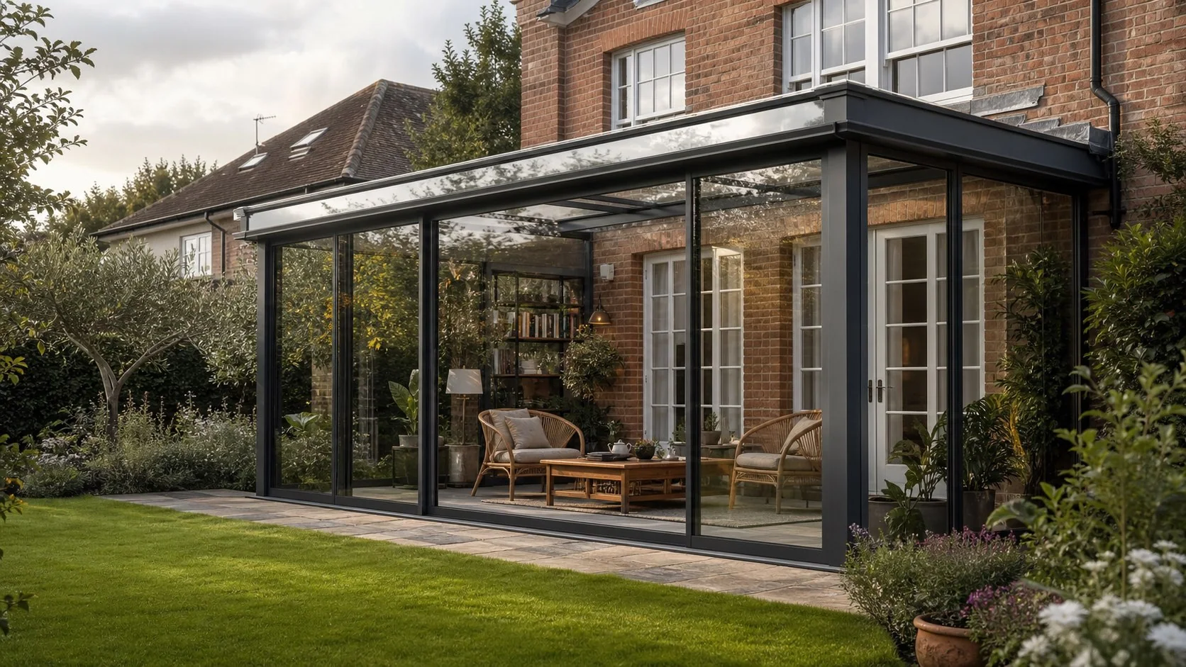 Garden-facing glass tea room sunroom attached to a brick home