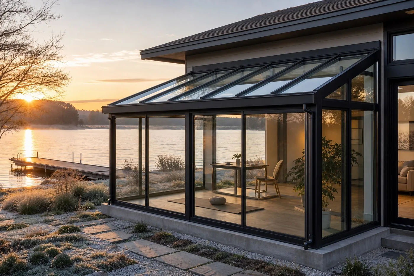 Modern lake house low-slope glass-roof corner sunroom at sunrise