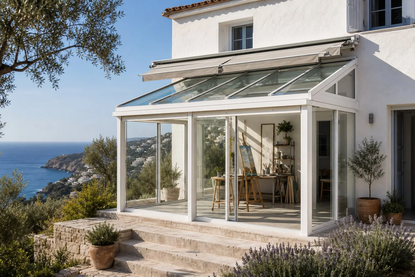 Mediterranean hillside art studio sunroom with transparent glass roof and shade fabric