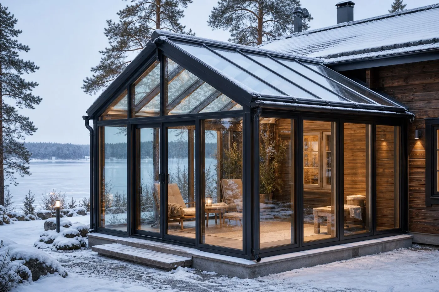 Nordic lake cabin gable glass-roof sunroom with snow and warm interior light