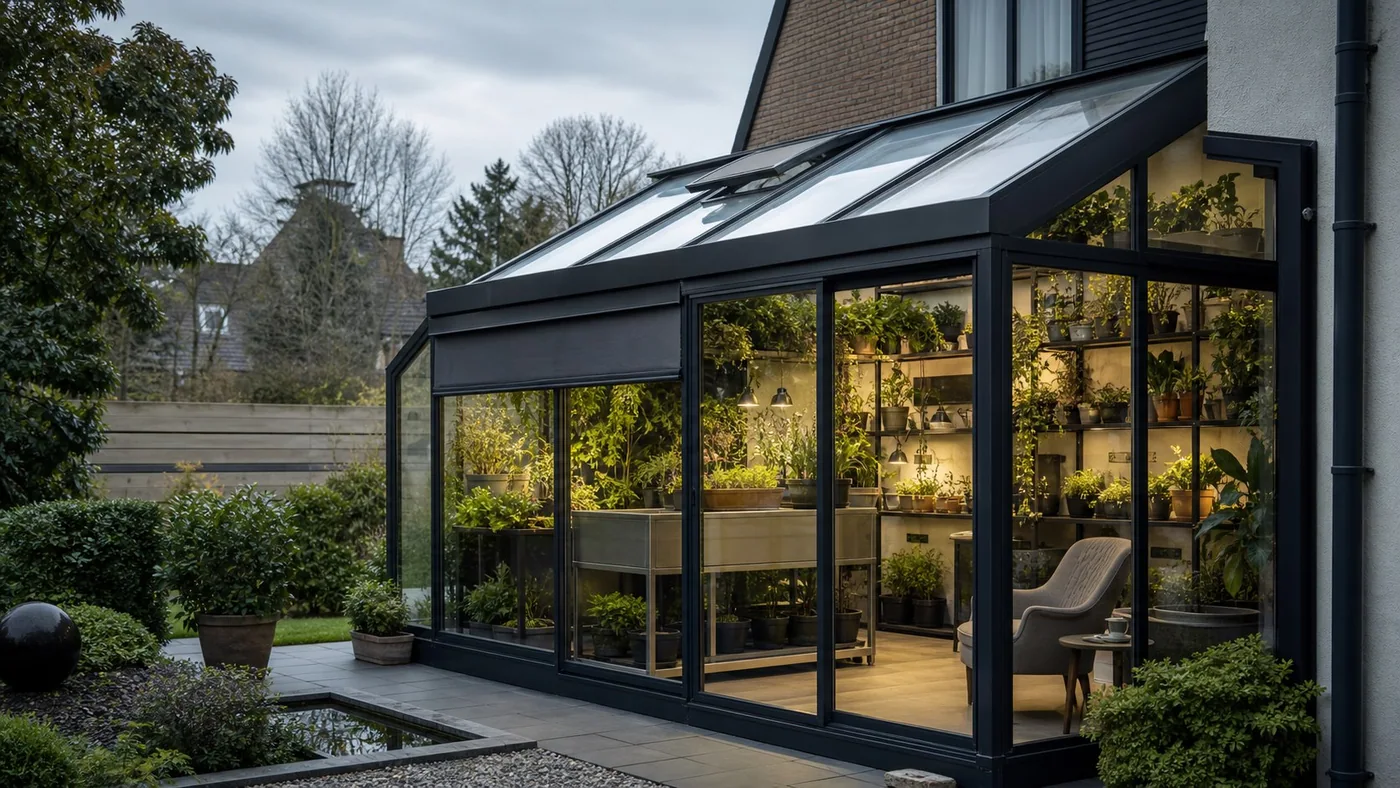 Plant studio sunroom with shelves of greenery and reading chair