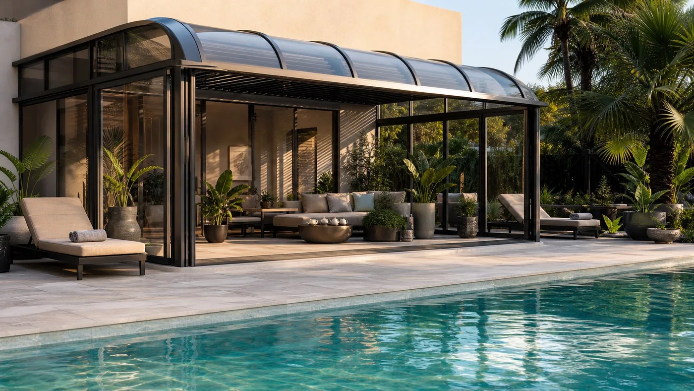 Poolside lounge sunroom with curved glass roof beside swimming pool