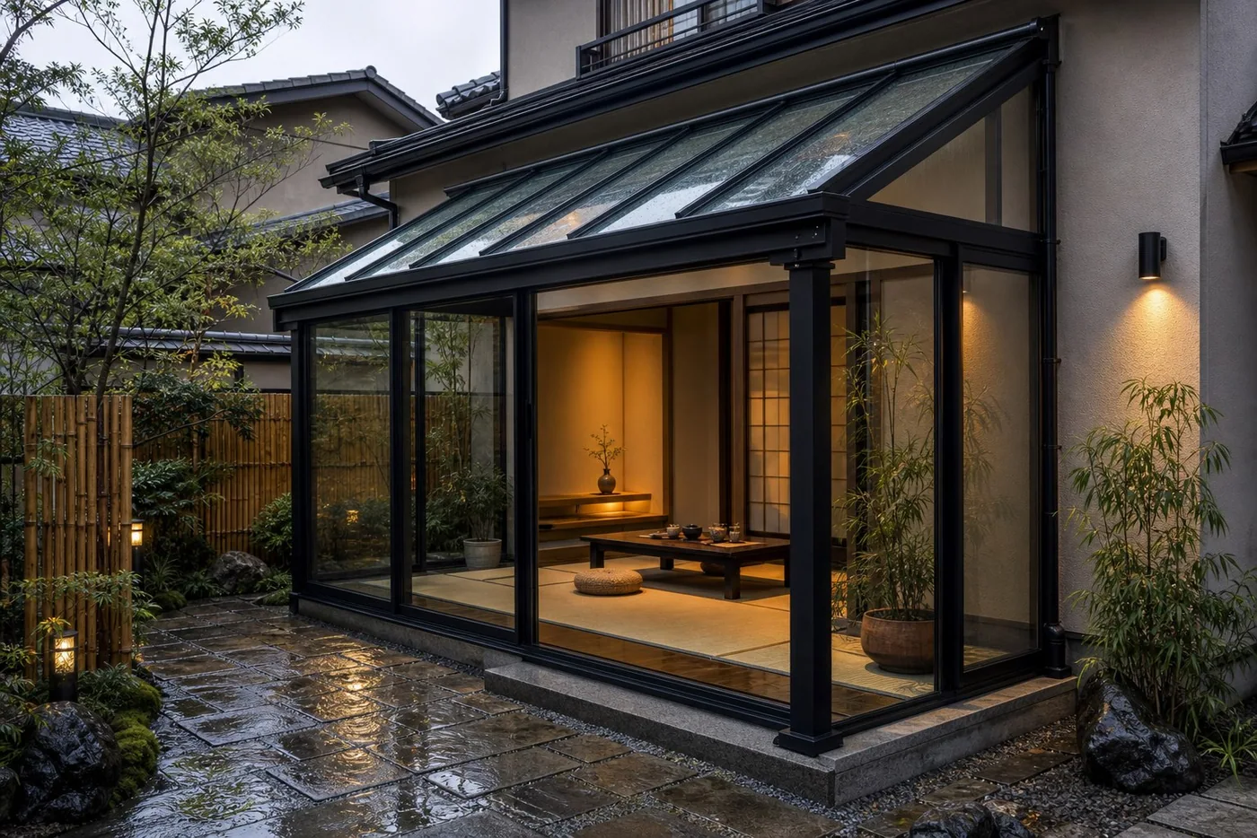 Rainy courtyard glass-roof tea room attached to a compact townhouse