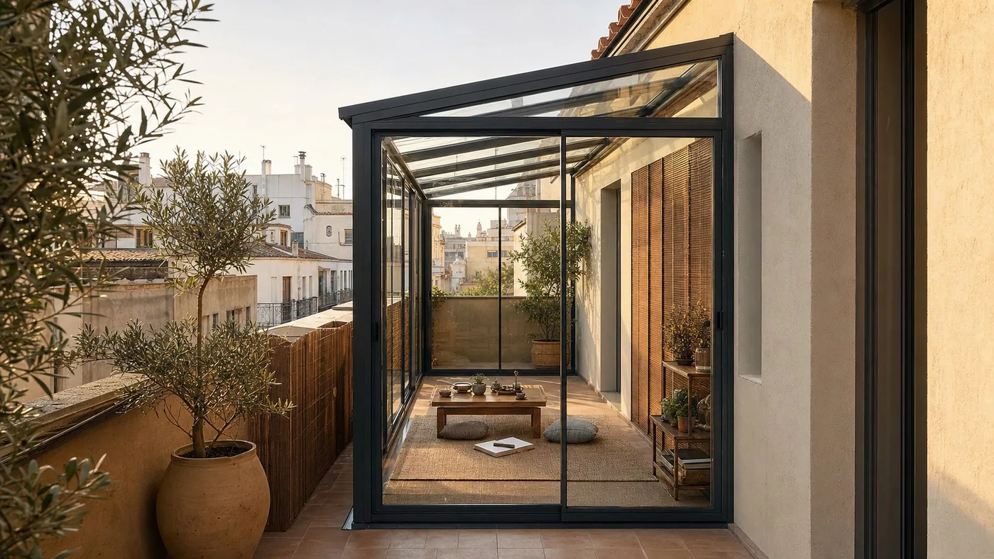 Narrow city terrace tea studio sunroom with privacy and warm light