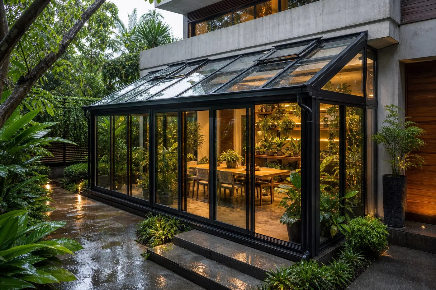 Tropical rain garden sunroom with sloped glass roof vents and lush planting