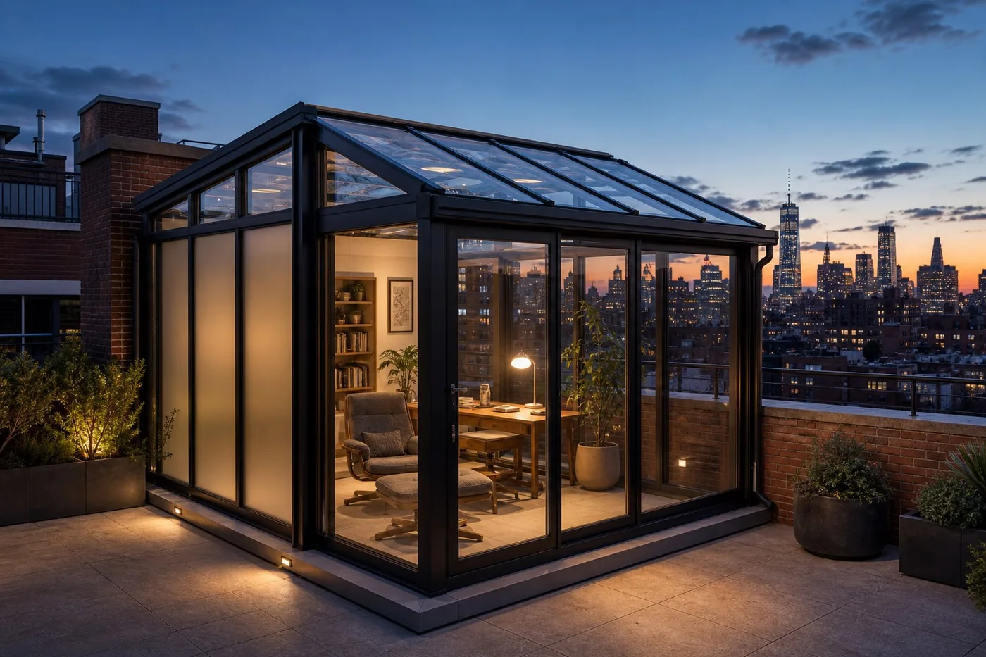 Compact urban rooftop glass-roof reading room at dusk with city skyline