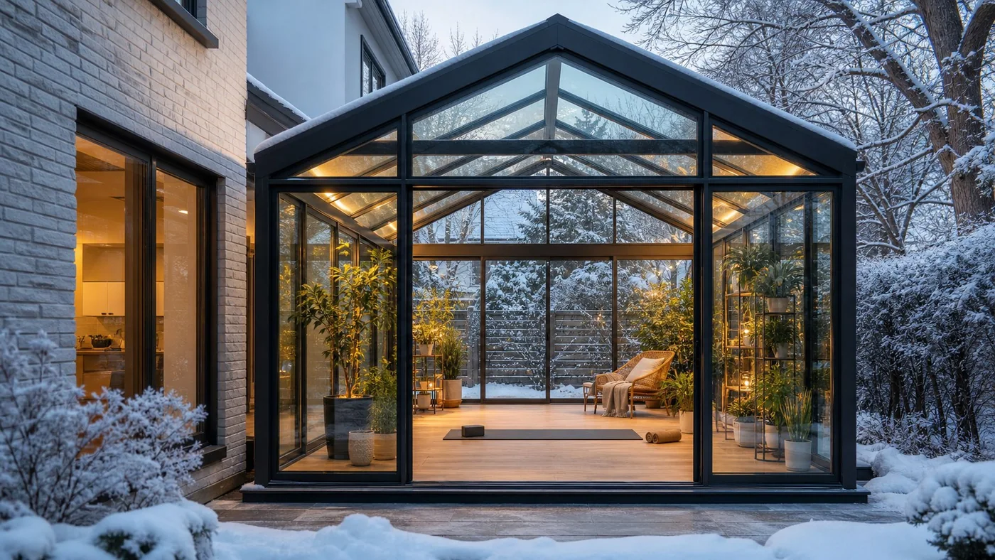 Winter garden yoga sunroom with snow outside and warm interior light